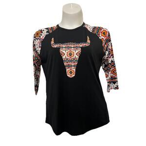 Lularoe Women's Randy Shirt Size L Aztec Western Cow Skull lGeometric Sleeves